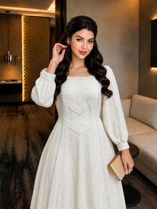 Modelyn Light Apricot Plus Size Jacquard Textured Lace Patchwork Square Neck Lantern Long Sleeve Back Zipper A-Line Dress - Apricot - View 4