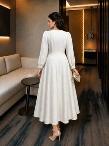 Modelyn Light Apricot Plus Size Jacquard Textured Lace Patchwork Square Neck Lantern Long Sleeve Back Zipper A-Line Dress - Apricot - View 2