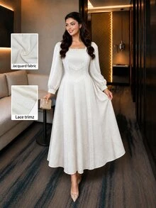 Modelyn Light Apricot Plus Size Jacquard Textured Lace Patchwork Square Neck Lantern Long Sleeve Back Zipper A-Line Dress - Apricot - View 1