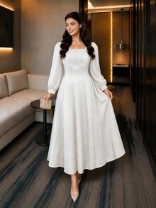 Modelyn Light Apricot Plus Size Jacquard Textured Lace Patchwork Square Neck Lantern Long Sleeve Back Zipper A-Line Dress - Apricot - View 6