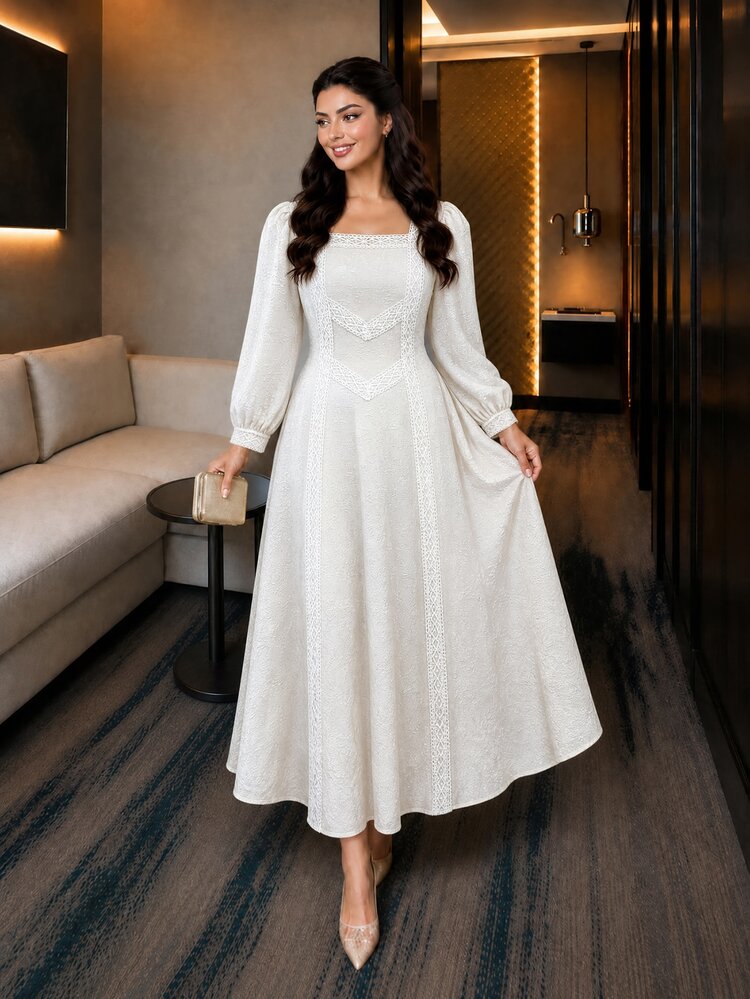 Modelyn Light Apricot Plus Size Jacquard Textured Lace Patchwork Square Neck Lantern Long Sleeve Back Zipper A-Line Dress - Apricot - View 6