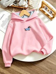 (1件) 幼女幼童秋冬休閒清新極簡可愛卡通小狗藍白條紋連帽粉色運動衫，粉色上衣 - 彩色 - 查看 3