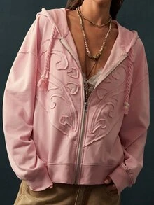 Bohemela Women's Letter Patchwork Drop Shoulder Long Sleeve Zip-Up Hooded Regular Jacket - Pink - View 5