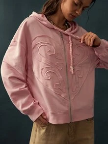 Bohemela Women's Letter Patchwork Drop Shoulder Long Sleeve Zip-Up Hooded Regular Jacket - Pink - View 4