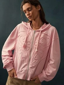 Bohemela Women's Letter Patchwork Drop Shoulder Long Sleeve Zip-Up Hooded Regular Jacket - Pink - View 3