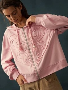 Bohemela Women's Letter Patchwork Drop Shoulder Long Sleeve Zip-Up Hooded Regular Jacket - Pink - View 6