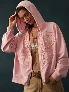 Bohemela Women's Letter Patchwork Drop Shoulder Long Sleeve Zip-Up Hooded Regular Jacket - Pink - View 2