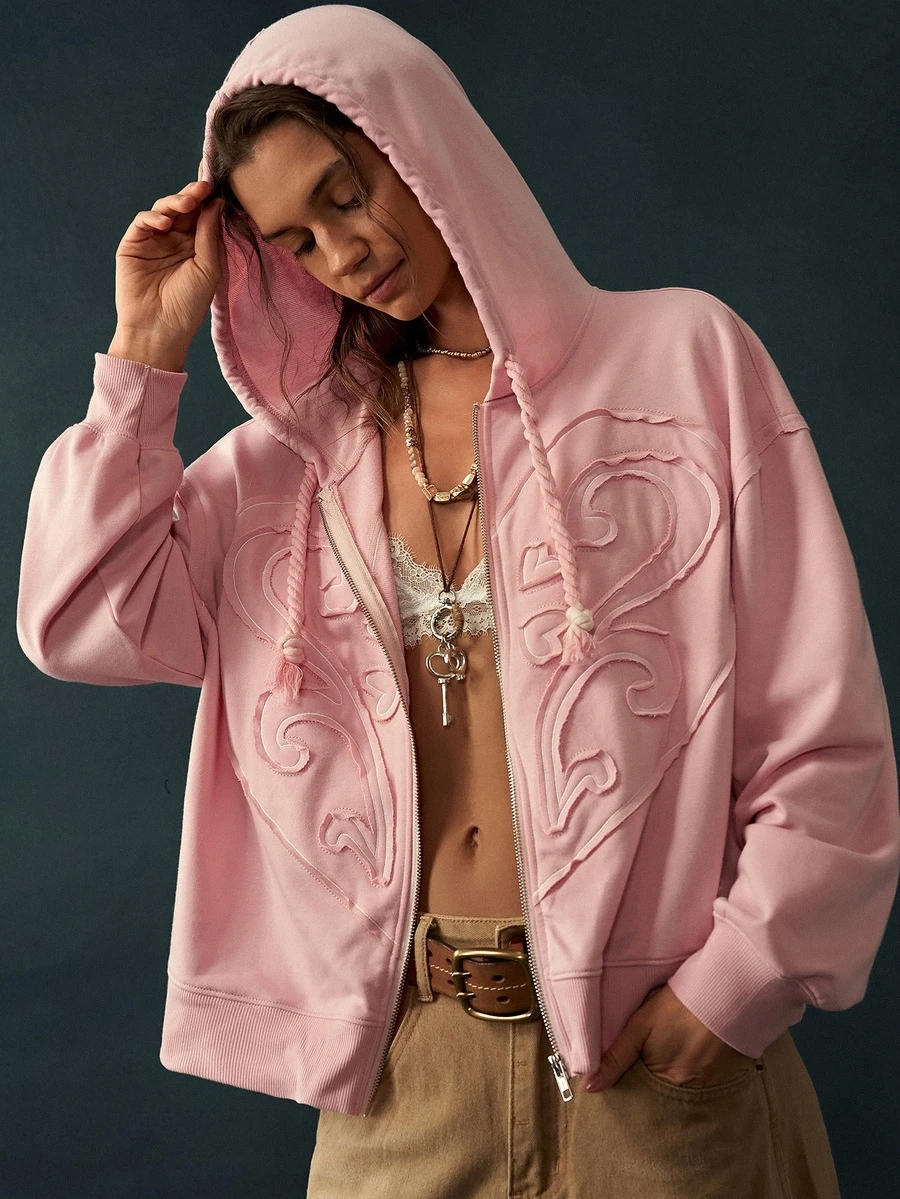 Bohemela Women's Letter Patchwork Drop Shoulder Long Sleeve Zip-Up Hooded Regular Jacket - Pink - View 1