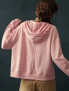 Bohemela Women's Letter Patchwork Drop Shoulder Long Sleeve Zip-Up Hooded Regular Jacket - Pink - View 7