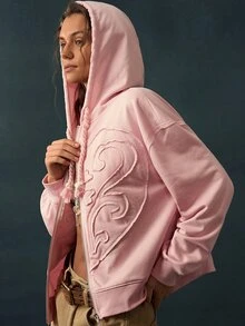 Bohemela Women's Letter Patchwork Drop Shoulder Long Sleeve Zip-Up Hooded Regular Jacket - Pink - View 1