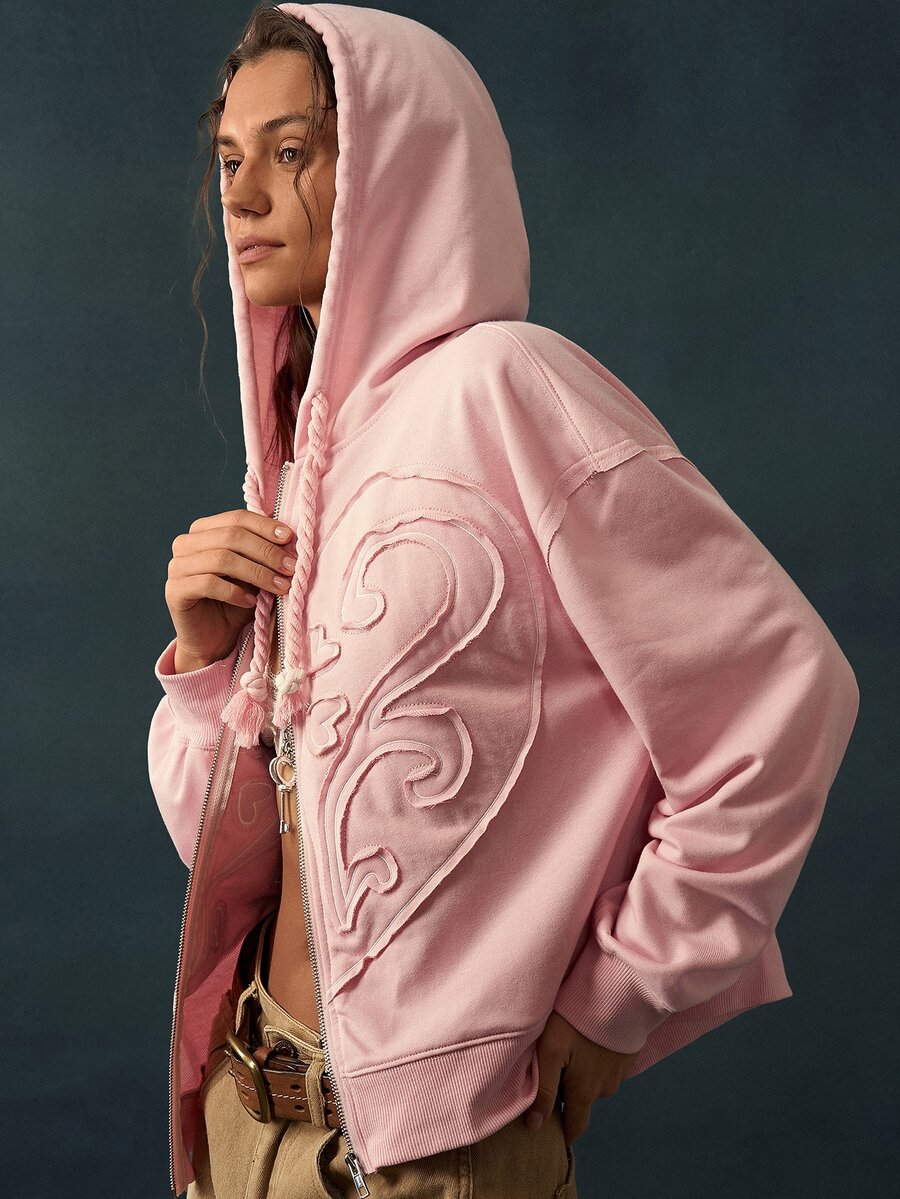 Bohemela Women's Letter Patchwork Drop Shoulder Long Sleeve Zip-Up Hooded Regular Jacket - Pink - View 1