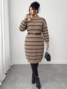 SHEIN LUNE CURVE Plus Size Winter Thick Knit Mid-Length Dress, Loose Fit, Multi-Color Striped, Stand Collar - Khaki - View 6