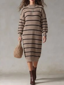 SHEIN LUNE CURVE Plus Size Winter Thick Knit Mid-Length Dress, Loose Fit, Multi-Color Striped, Stand Collar - Khaki - View 4