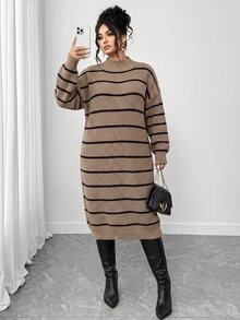 SHEIN LUNE CURVE Plus Size Winter Thick Knit Mid-Length Dress, Loose Fit, Multi-Color Striped, Stand Collar - Khaki - View 8