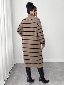 SHEIN LUNE CURVE Plus Size Winter Thick Knit Mid-Length Dress, Loose Fit, Multi-Color Striped, Stand Collar - Khaki - View 3