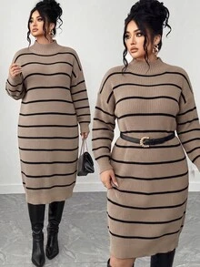 SHEIN LUNE CURVE Plus Size Winter Thick Knit Mid-Length Dress, Loose Fit, Multi-Color Striped, Stand Collar - Khaki - View 2