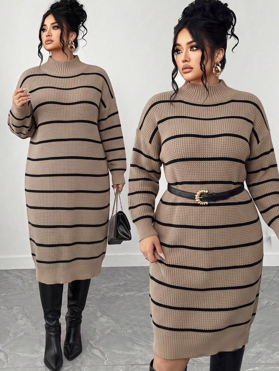 SHEIN LUNE CURVE Plus Size Winter Thick Knit Mid-Length Dress, Loose Fit, Multi-Color Striped, Stand Collar