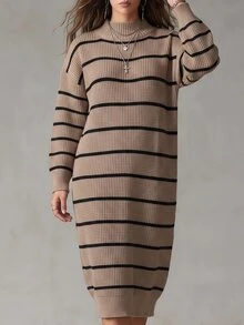 SHEIN LUNE CURVE Plus Size Winter Thick Knit Mid-Length Dress, Loose Fit, Multi-Color Striped, Stand Collar - Khaki - View 10