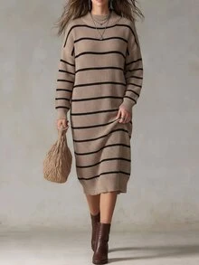 SHEIN LUNE CURVE Plus Size Winter Thick Knit Mid-Length Dress, Loose Fit, Multi-Color Striped, Stand Collar - Khaki - View 9