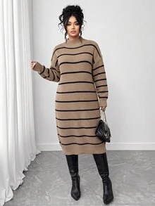 SHEIN LUNE CURVE Plus Size Winter Thick Knit Mid-Length Dress, Loose Fit, Multi-Color Striped, Stand Collar - Khaki - View 5