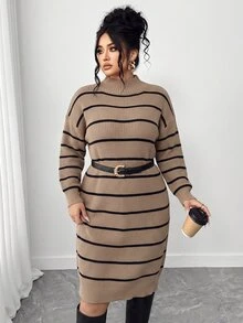 SHEIN LUNE CURVE Plus Size Winter Thick Knit Mid-Length Dress, Loose Fit, Multi-Color Striped, Stand Collar - Khaki - View 7
