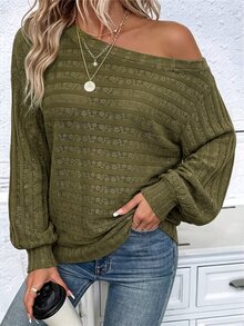 Balvessa Sweatshirt Rajut Tekstur Polos dengan Bahu Asimetris, Cocok untuk Brunch, Perjalanan, Warna Hijau Zaitun, Musim Gugur, Kasual, dan Retro. - Hijau Tentara - View 6