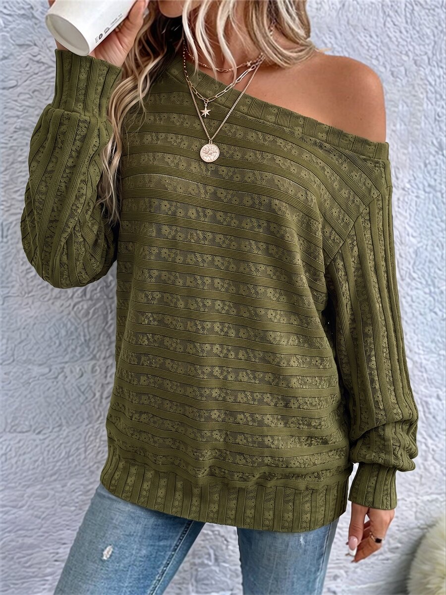 Balvessa Sweatshirt Rajut Tekstur Polos dengan Bahu Asimetris, Cocok untuk Brunch, Perjalanan, Warna Hijau Zaitun, Musim Gugur, Kasual, dan Retro. - Hijau Tentara - View 1