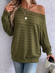Balvessa Sweatshirt Rajut Tekstur Polos dengan Bahu Asimetris, Cocok untuk Brunch, Perjalanan, Warna Hijau Zaitun, Musim Gugur, Kasual, dan Retro. - Hijau Tentara - View 3
