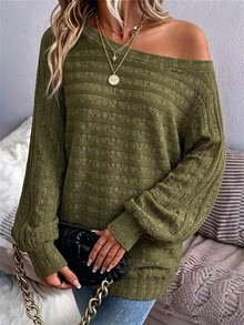 Balvessa Sweatshirt Rajut Tekstur Polos dengan Bahu Asimetris, Cocok untuk Brunch, Perjalanan, Warna Hijau Zaitun, Musim Gugur, Kasual, dan Retro. - Hijau Tentara - View 7