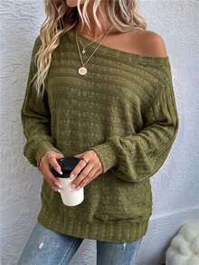 Balvessa Sweatshirt Rajut Tekstur Polos dengan Bahu Asimetris, Cocok untuk Brunch, Perjalanan, Warna Hijau Zaitun, Musim Gugur, Kasual, dan Retro. - Hijau Tentara - View 5