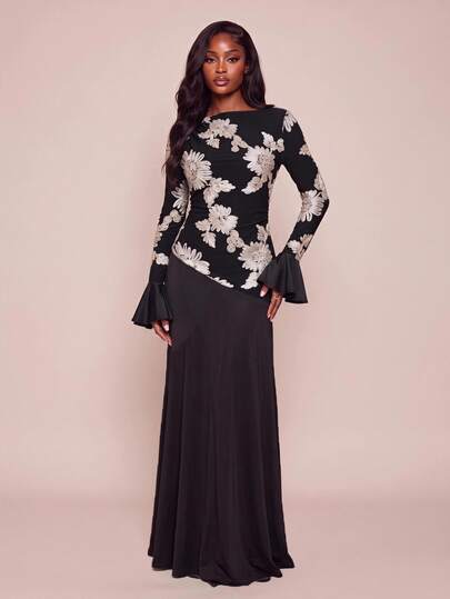 Lumalex Women's Elegant 3D Floral Long Sleeve Fitted Boat Neck Ruffle Cuff Cinched Waist Full Skirt Mesh Patchwork Women's Long Dress Night Out Formal Dresses