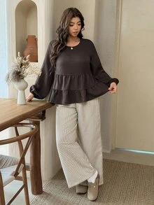 SHEIN Frenchy Plus Size Women Solid Color Lantern Sleeve Ruffle Hem Blouse And Striped Long Pants Casual 2 Pieces Set Casual Home 2 Pieces Set For Women Fall/Winter - Brown - View 8