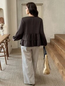 SHEIN Frenchy Plus Size Women Solid Color Lantern Sleeve Ruffle Hem Blouse And Striped Long Pants Casual 2 Pieces Set Casual Home 2 Pieces Set For Women Fall/Winter - Brown - View 4