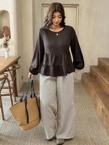 SHEIN Frenchy Plus Size Women Solid Color Lantern Sleeve Ruffle Hem Blouse And Striped Long Pants Casual 2 Pieces Set Casual Home 2 Pieces Set For Women Fall/Winter - Brown - View 9