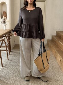 SHEIN Frenchy Plus Size Women Solid Color Lantern Sleeve Ruffle Hem Blouse And Striped Long Pants Casual 2 Pieces Set Casual Home 2 Pieces Set For Women Fall/Winter - Brown - View 3