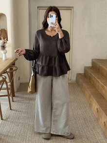 SHEIN Frenchy Plus Size Women Solid Color Lantern Sleeve Ruffle Hem Blouse And Striped Long Pants Casual 2 Pieces Set Casual Home 2 Pieces Set For Women Fall/Winter - Brown - View 6