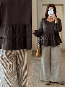 SHEIN Frenchy Plus Size Women Solid Color Lantern Sleeve Ruffle Hem Blouse And Striped Long Pants Casual 2 Pieces Set Casual Home 2 Pieces Set For Women Fall/Winter - Brown - View 2