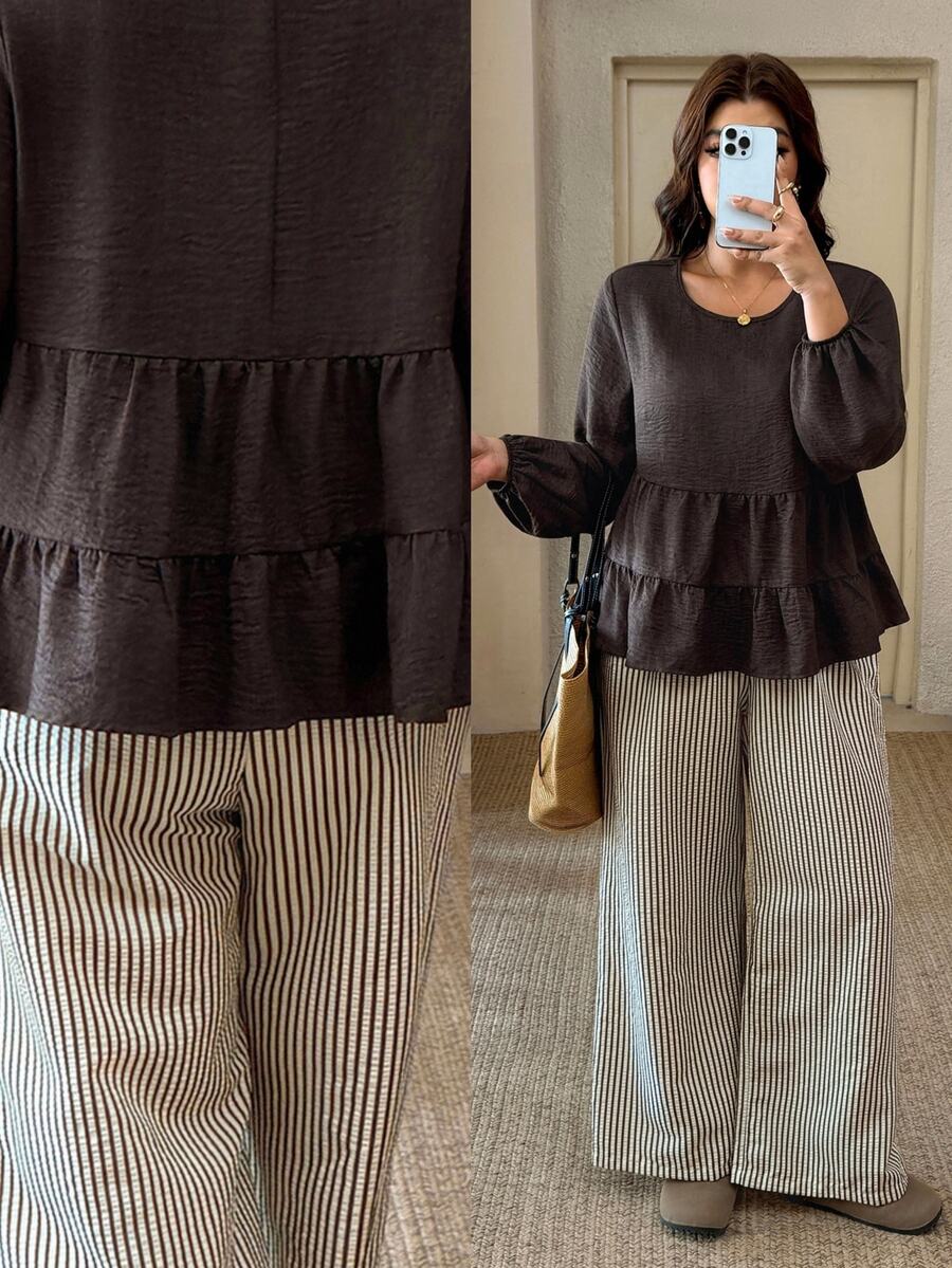 SHEIN Frenchy Plus Size Women Solid Color Lantern Sleeve Ruffle Hem Blouse And Striped Long Pants Casual 2 Pieces Set Casual Home 2 Pieces Set For Women Fall/Winter