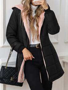 SHEIN Clasi 女款冬季保暖內裡連帽夾克 日常休閒 黑粉配色 - 黑色 - 查看 4