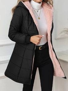 SHEIN Clasi 女款冬季保暖內裡連帽夾克 日常休閒 黑粉配色 - 黑色 - 查看 3