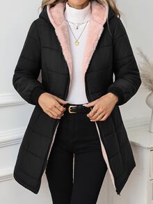 SHEIN Clasi 女款冬季保暖內裡連帽夾克 日常休閒 黑粉配色 - 黑色 - 查看 7