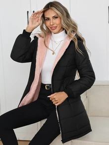 SHEIN Clasi 女款冬季保暖內裡連帽夾克 日常休閒 黑粉配色 - 黑色 - 查看 6