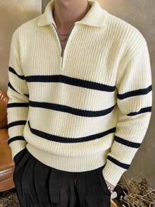 DAZY Men Striped Pattern Polo Neck Fall Sweater Without Tee Quarter Zip Men - Beige - View 1