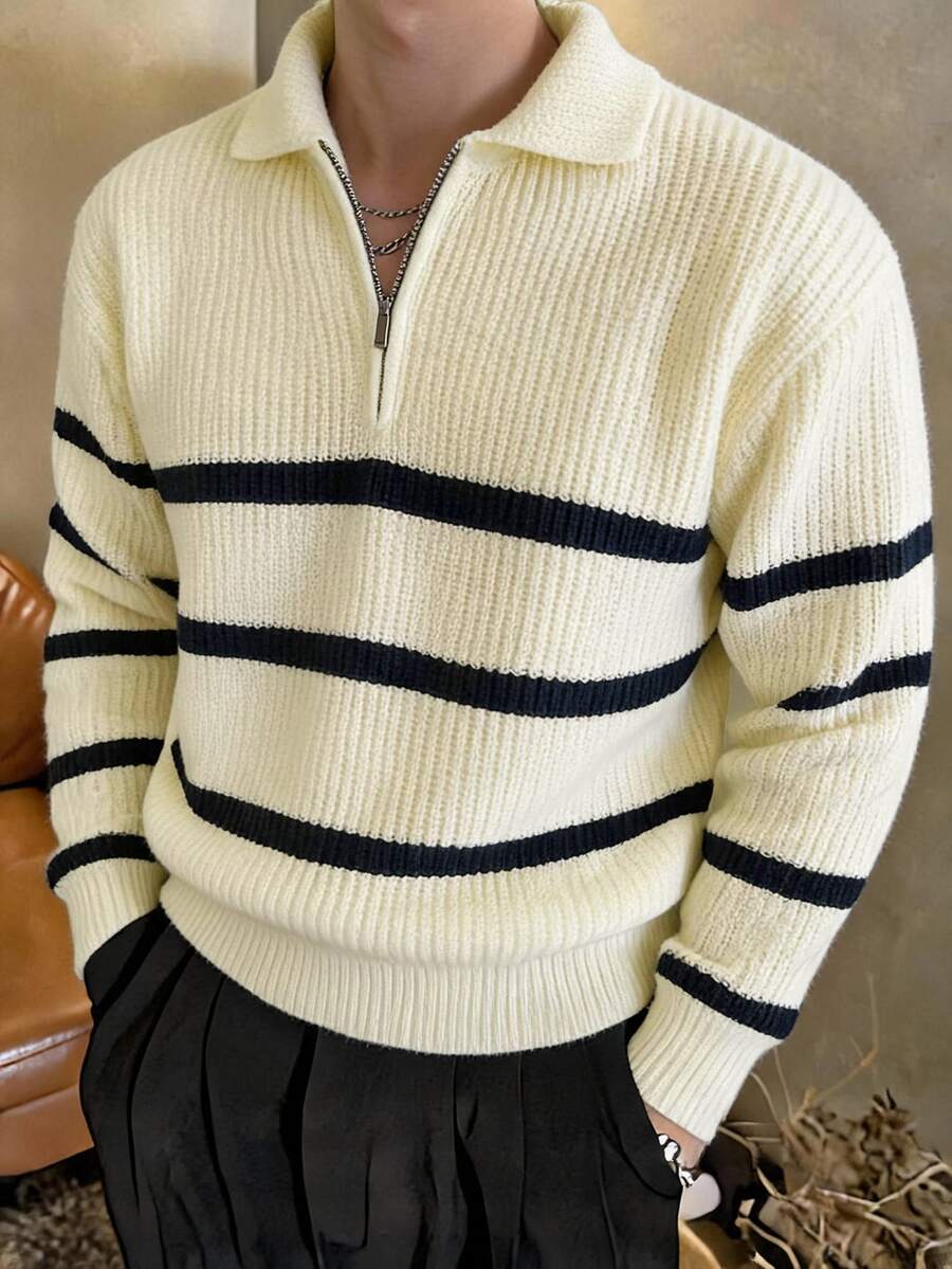 DAZY Men Striped Pattern Polo Neck Fall Sweater Without Tee Quarter Zip Men - Beige - View 1