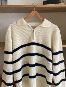 DAZY Men Striped Pattern Polo Neck Fall Sweater Without Tee Quarter Zip Men - Beige - View 5