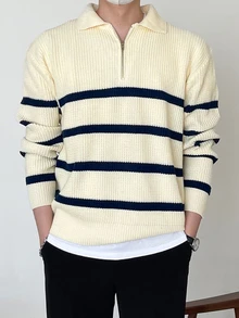 DAZY Men Striped Pattern Polo Neck Fall Sweater Without Tee Quarter Zip Men - Beige - View 4