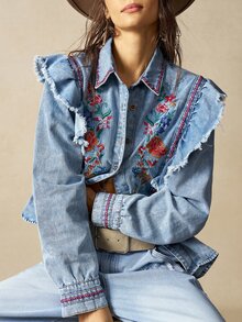 Bohemela Casual Solid Color Woven Ruffle Trim Long Sleeve Women's Blouse - Blue - View 5