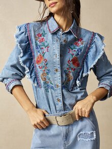 Bohemela Casual Solid Color Woven Ruffle Trim Long Sleeve Women's Blouse - Blue - View 3