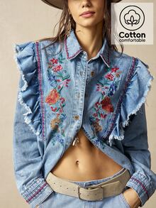 Bohemela Casual Solid Color Woven Ruffle Trim Long Sleeve Women's Blouse - Blue - View 7