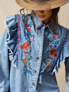 Bohemela Casual Solid Color Woven Ruffle Trim Long Sleeve Women's Blouse - Blue - View 4